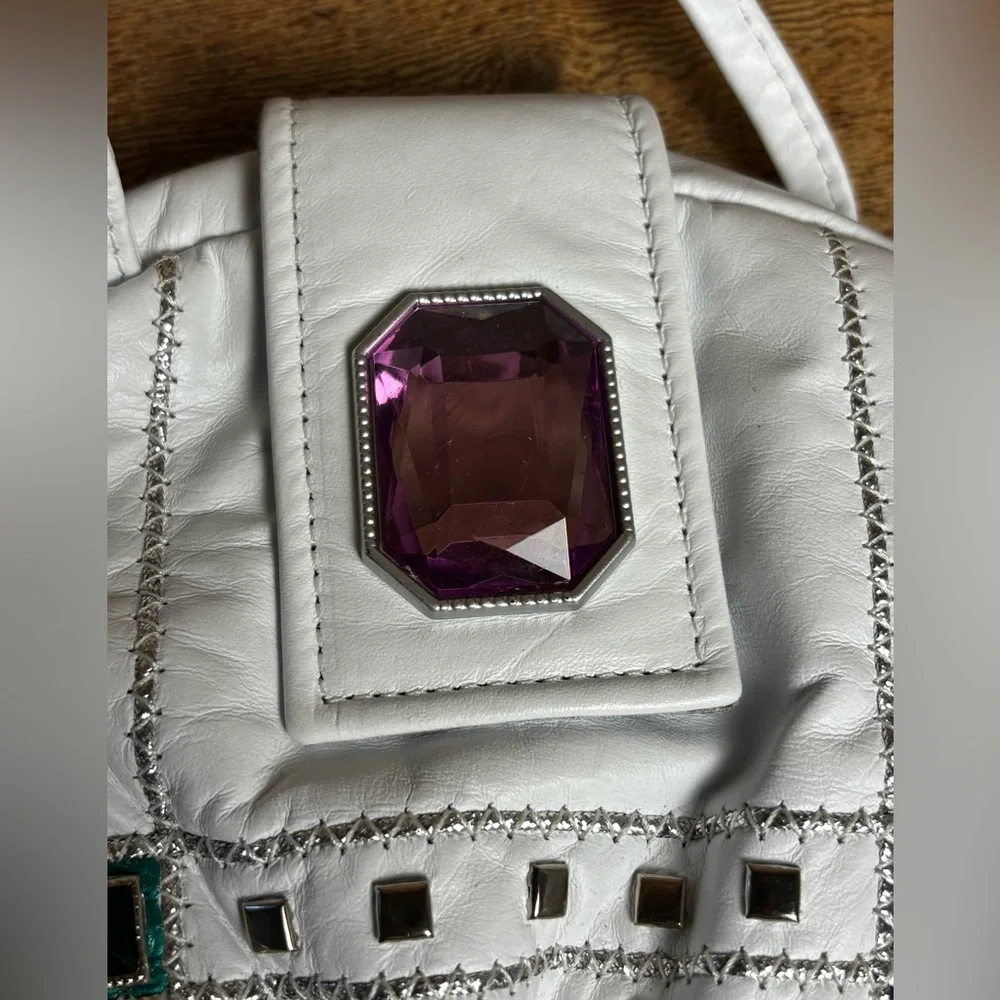 VTG Jeweled White Leather USA Purse 80s 90s Retro Colorful Bling Shoulder Bag - Picture 3 of 12